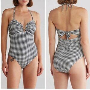 Betsey Johnson Halter One-Piece gingham Swimsuit Black Size Large